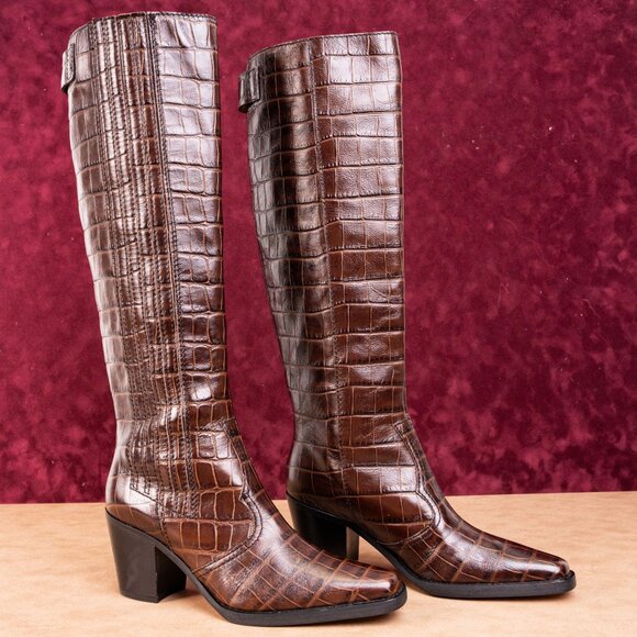 Ganni Shoes - Ganni Women Croc Print Brown Leather Western Tall Fashion Boots sz 7.5US EUR38